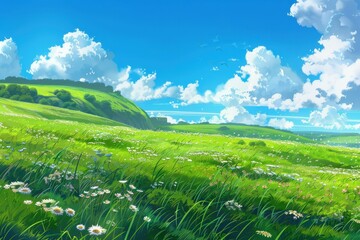 Fototapeta premium Idyllic green field with white flowers under a bright blue sky with fluffy clouds, nature landscape concept.