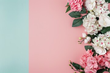 Naklejka premium Floral arrangement with hydrangeas and orchids, left side, bright pastel background, luxurious and cheerful