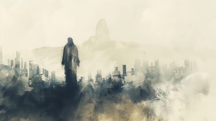 Fototapeta premium Biblical Illustration of Jesus in a Futuristic City, Ancient Wisdom and Future Vision, Beige Background, copyspace