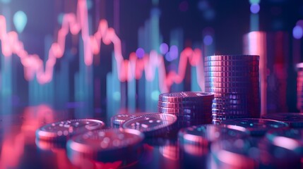 Soaring Financial Growth Reflected in 3D Coin Stack with Holographic Uptrend Chart
