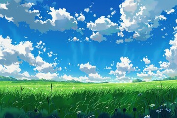 Obraz premium Beautiful digital art of a sunny blue sky with fluffy white clouds above a lush green meadow