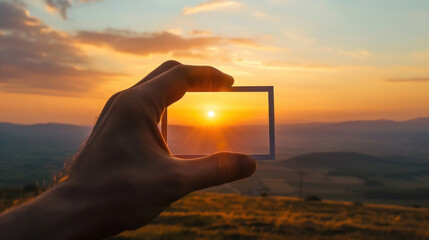 Fototapeta premium Golden Hour Landscape, Hands Framing View of Distant Sunset, Close-Up Realistic Shot