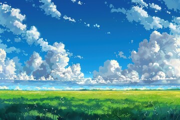 Fototapeta premium Beautiful landscape with green grass field and blue sky with fluffy white clouds. Concept of nature, peace, and relaxation.