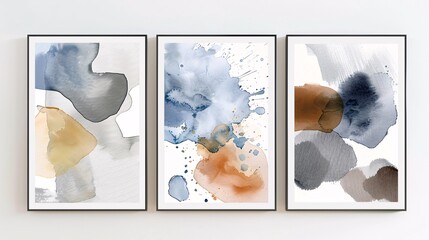 A set of three abstract art posters with watercolor splashes designs, positioned side by side on a white wall. Each poster features abstract forms created by watercolor splashes in neutral and bold