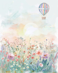 Serene watercolor of pastel balloon over flower field, sunrise glow, delicate shadows, tranquil dawn.