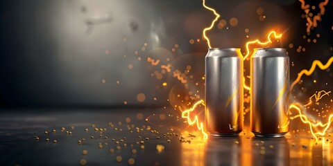 3D energy drink banner with lightning symbols promoting aluminum energy drink. Concept Energy Drink, Aluminum Can, Lightning Symbols, 3D Banner, Promotional Campaign