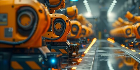 In-depth depiction of an efficient network of autonomous robots optimizing productivity. Concept Autonomous Robotics, Network Efficiency, Productivity Optimization, Technology Solutions