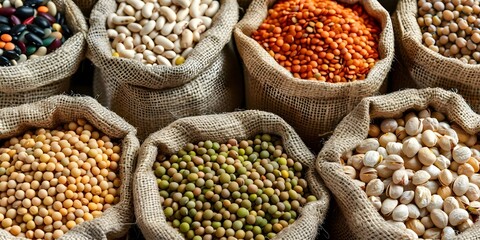 Obraz premium Assorted legumes in jute bags on table viewed from above. Concept Food Styling, Table Setting, Ingredient Photography, Farm-to-Table, Fresh Produce