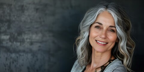 Fototapeta premium Graceful older woman with radiant skin and silver hair beaming joyfully. Concept Portrait Photography, Aging Gracefully, Silver Hair, Radiant Skin, Joyful Expression