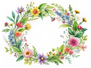 Delicate watercolor wreath adorned with vibrant wildflowers and lush green leaves, perfect for wedding invitations, greeting cards, and whimsical digital designs.