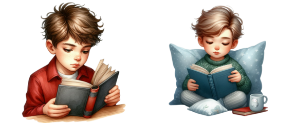 A boy is reading a book while another boy is reading a book