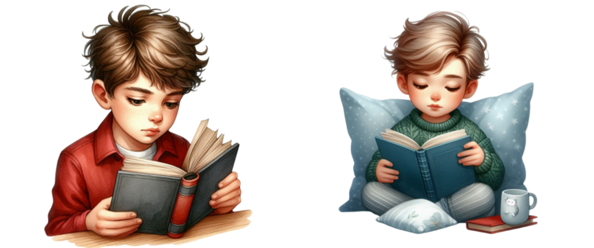 A boy is reading a book while another boy is reading a book