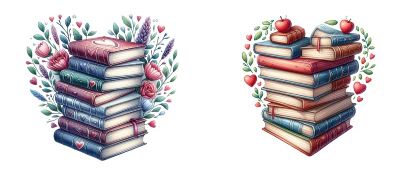 Two book stacks with flowers and hearts on them