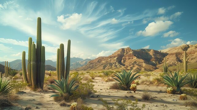 Compose a surreal desert scene with giant cacti and a large area for text
