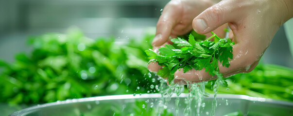 Close-up of hands washing fresh green parsley in a kitchen. Blurred background with more parsley. Concept of healthy eating and cooking.