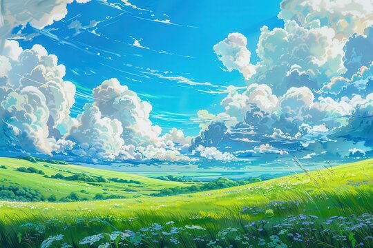 Vibrant green field with fluffy white clouds and blue sky, animated illustration perfect for background or desktop wallpaper.