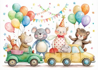 Obraz premium Whimsical watercolor illustration of playful animals sitting on colorful cars, surrounded by balloons and garland, on a clean white isolated background.