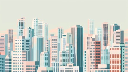 Obraz premium A stylized, flat illustration of a modern city skyline with minimalist buildings in pastel colors