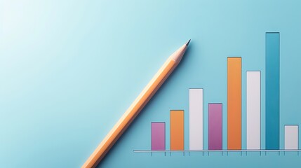 Colorful bar graph with pencil on blue background, representing data analysis, business growth, and statistical report.