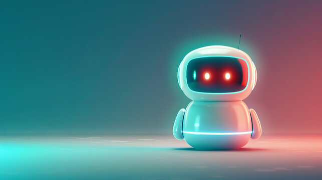 Cute small robot with glowing eyes standing on a futuristic gradient background, emitting a blend of blue and red neon lights.