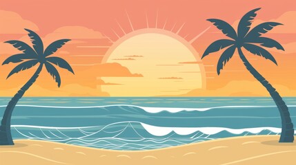Obraz premium Flat style illustration of a beach scene with palm trees, ocean waves, and a setting sun. Perfect for backgrounds, illustrations, or presentations