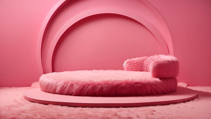 3D rendering of a pink, furry, circular platform with a pink fuzzy pillow on it.