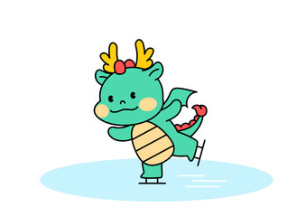 빙판 위에서 피겨 스케이트 타는 용 캐릭터. 피겨 스케이팅.