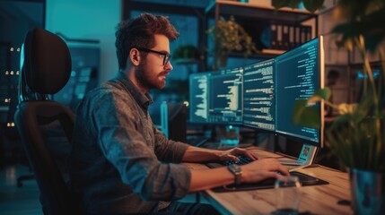 A software developer is engrossed in writing code on dual monitors, indicative of the concentration required in software engineering. AIG41