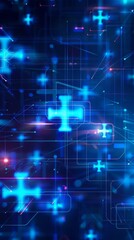 Fototapeta premium Abstract Medical Technology and Science Concept Featuring Neon Blue Cross on Healthcare Background: AI-Generated High-Resolution Wallpaper
