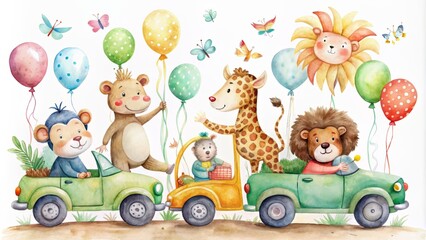 Fototapeta premium Whimsical watercolor illustration of jungle animals, including monkeys, lions, and giraffes, riding in colorful cars and floating with balloons on a pure white background.