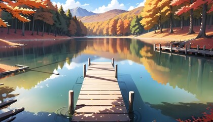 Serene lake with a wooden jetty surrounded by Autumn tree. Anime style illustration Generated by ai