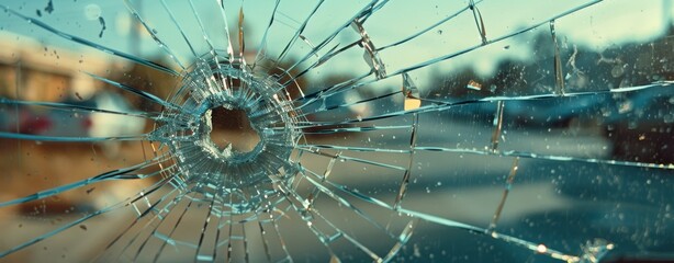 Close Up of a Bullet Hole in Shattered Windshield of Car