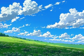 Fototapeta premium Grass Field landscape with blue sky and white cloud. Blue sky clouds sunny day wallpaper. illustration of a Grass Field with blue sky in Summer. green field in a day.