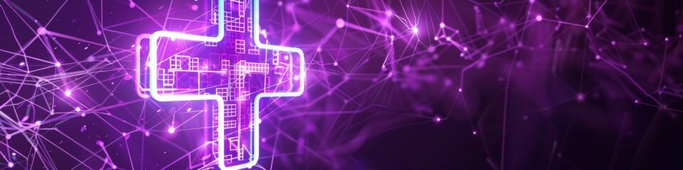 Abstract Medical Technology and Science Concept Featuring Neon Purple Cross on Healthcare Background: AI-Generated High-Resolution Wallpaper
