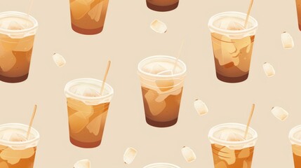 A pattern featuring cute, flat-style illustrations of iced caramel coffee drinks against a warm beige background