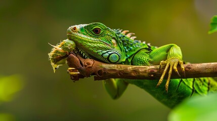 Fototapeta premium A green iguana is sitting on a branch.