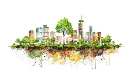 Green City Dreams: Urban Tree Planting in Watercolor Style on White Background