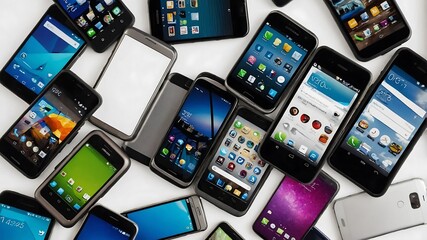Many mobile phones on a white background
