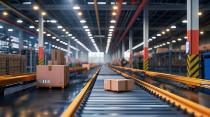Fototapeta premium Modern Automated Warehouse with Conveyor Belts and Cardboard Boxes in Industrial Setting