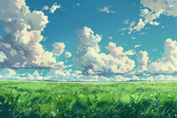 Fototapeta premium Grass Field landscape with blue sky and white cloud. Blue sky clouds sunny day wallpaper. Cartoon illustration of a Grass Field with blue sky in Summer. green field in a day.