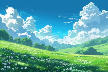 Fototapeta premium Grass Field landscape with blue sky and white cloud. Blue sky clouds sunny day wallpaper. Cartoon illustration of a Grass Field with blue sky in Summer. green field in a day.