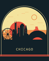 Obraz premium Chicago city retro style poster with skyline, cityscape. USA Washington state vintage vector illustration. US front cover, brochure, flyer, leaflet template, layout image
