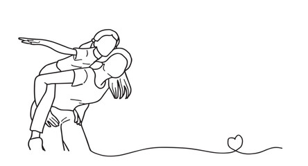Vector black lines on a white background, hand drawn style, image of a mother holding her daughter on her back while the daughter pretends to fly. The lines are drawn together with a heart at the end.