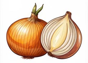 A whole onion and slice isolated on white background, hand-drawn vector outline illustration, showcasing a key ingredient for cooking, harvested from the farm's fresh vegetable bounty.