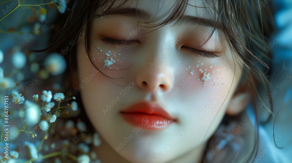 Canvas Prints a girl sleeping with her eyes closed in the grass.