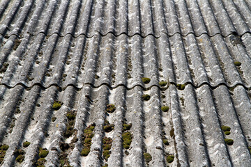 An old slate roof, overgrown with moss. The texture of old slate.