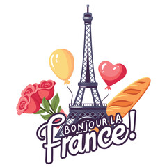 Eiffel Tower silhouette and handwritten text Bonjour La France! Balloons, baguette, bouquet of roses. © Ольга Примачек