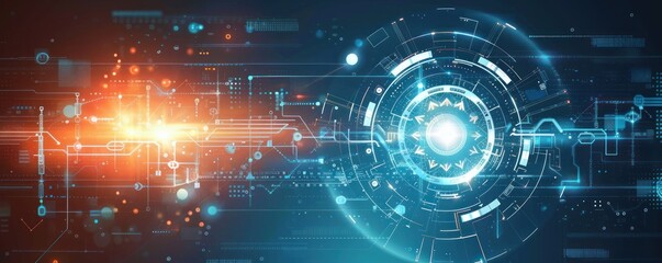 Obraz premium Futuristic Technology Background with Abstract Circuit Board, Digital Data Network, and Glowing Lights. Concept of AI, big data, and innovation.