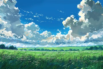 Grass Field landscape with blue sky and white cloud. Blue sky clouds sunny day wallpaper. Cartoon illustration of a Grass Field with blue sky in Summer. green field in a day.