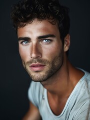 Obraz premium A man with curly hair and blue eyes.